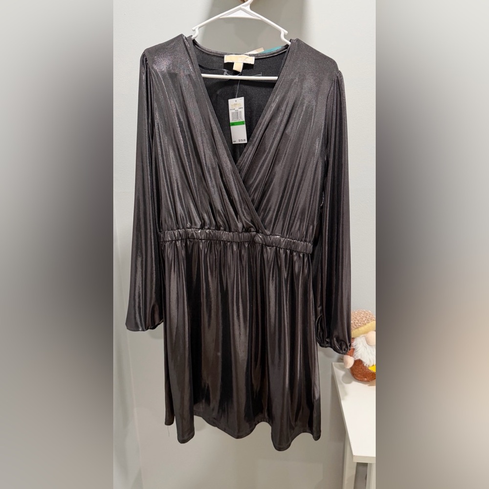 MICHAEL Michael Kors Shiny Black Wrap-Style Long Sleeve Dress